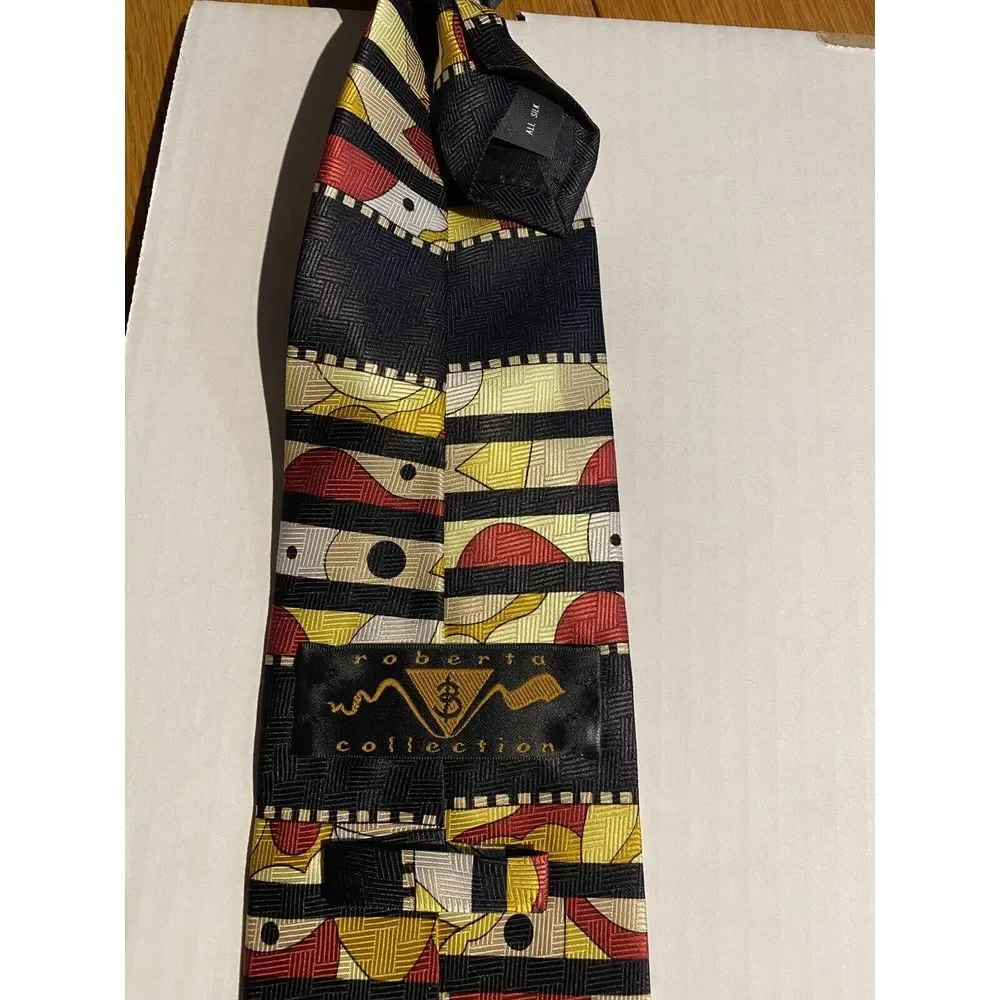 Roberta Collection Men's 100% Silk Tie Yellow/Black/Red Abstract‎ Made In Italy